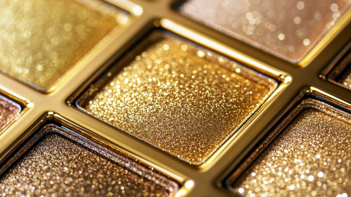 Goldene Schimmerpigmente auf einer offenen Palette, warmes Licht auf den Farben.