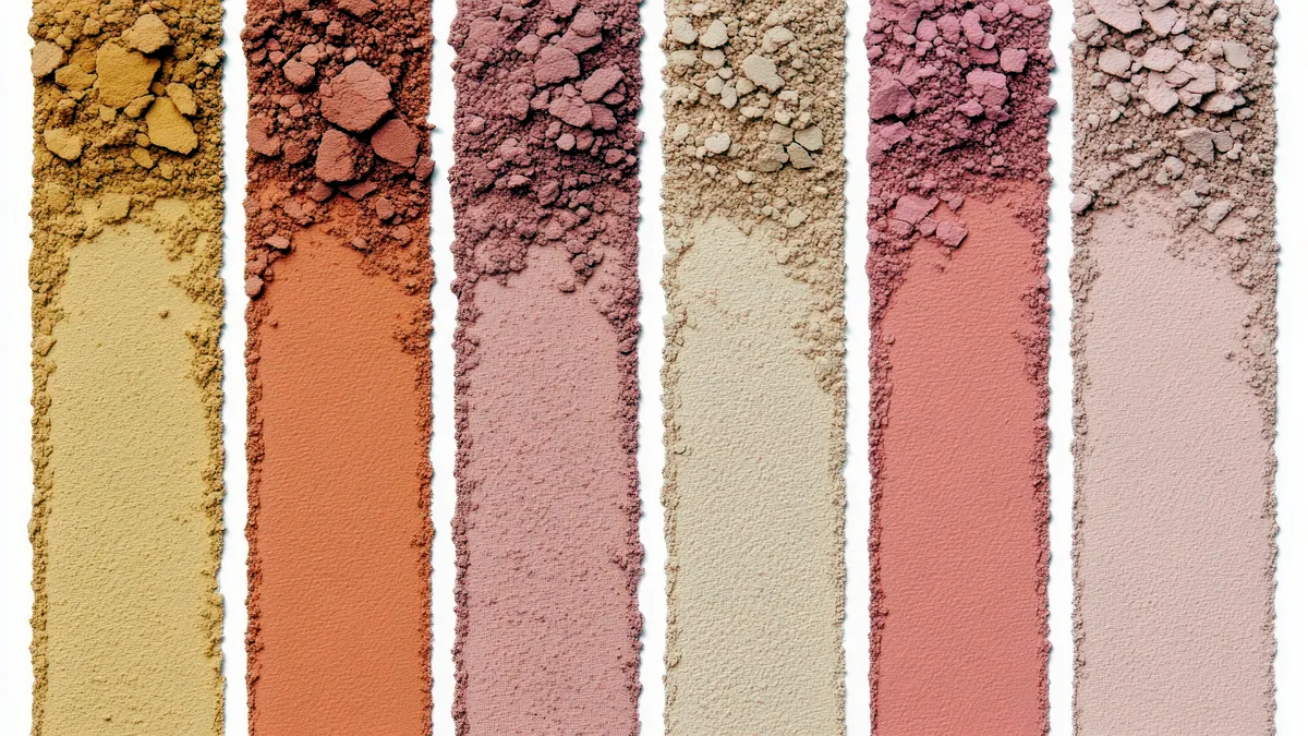Ein kräftiger Orange-Lidschatten-Swatch neben Gold und Rot, die Farben sind hochgesättigt.